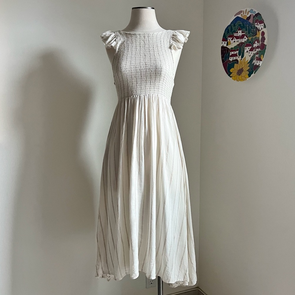 Free People Smocked Chambray Butterflies Midi Dress in Ivory Sz. XS